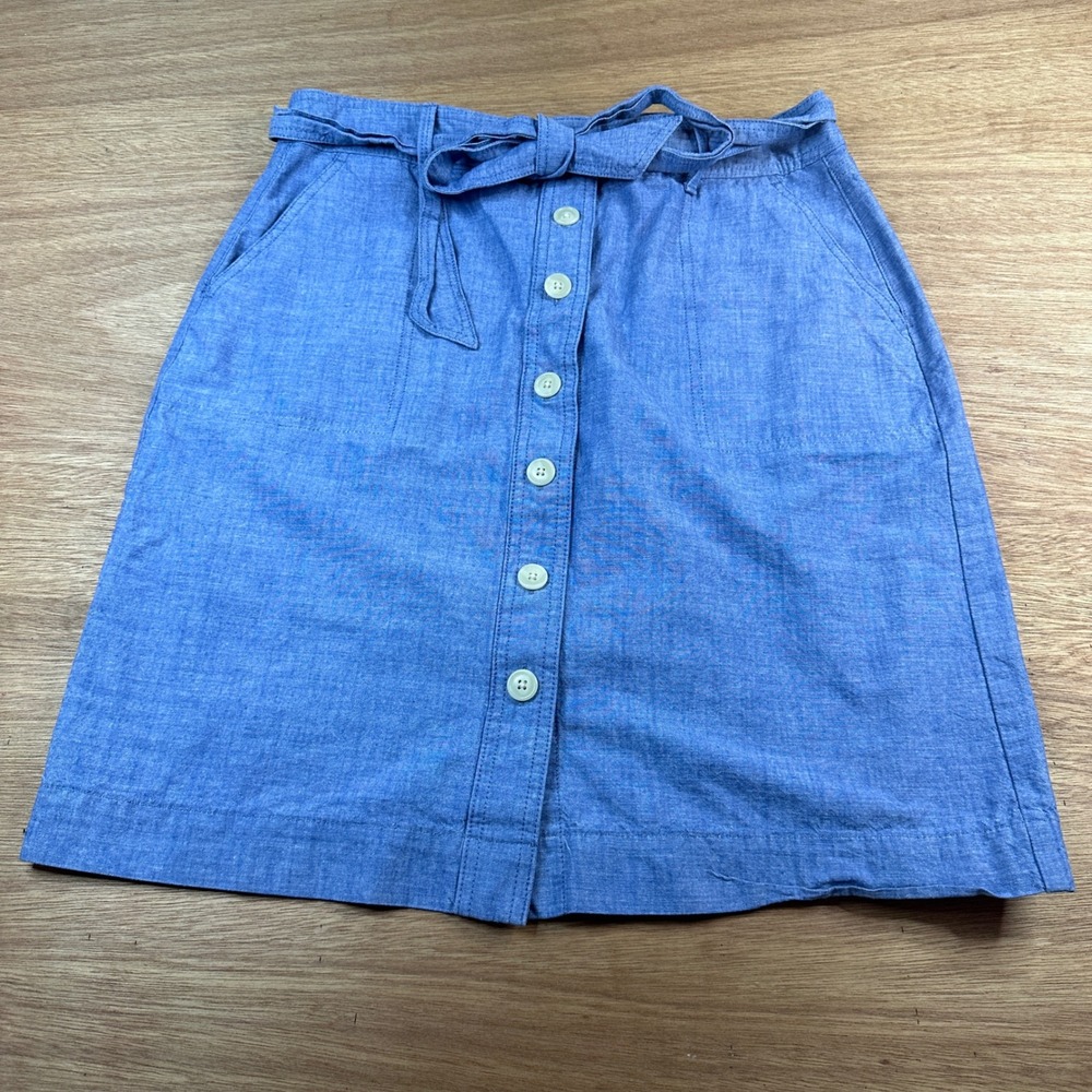 Talbots Womens Size 8 Chambray Button Front Tie Waist A Line Mini Skirt Blue